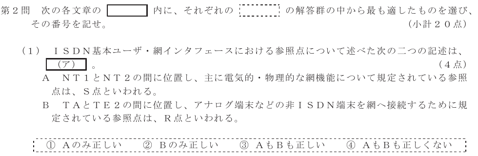令和６年度 第１回 第一級アナログ通信 技術及び理論 第2問(1)の試験問題原本画像