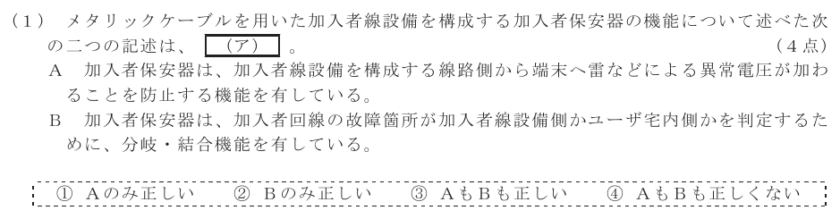令和７年度 第１回 第一級アナログ通信 技術及び理論 第4問(1)の試験問題原本画像