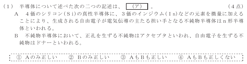 令和４年度 第１回 第一級アナログ通信 第2問(1)の試験問題原本画像