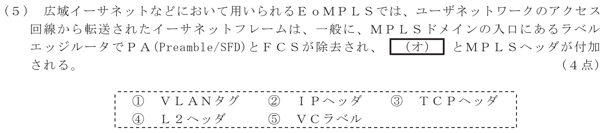 令和４年度 第１回 第一級デジタル通信 技術及び理論 第2問(5)の試験問題原本画像