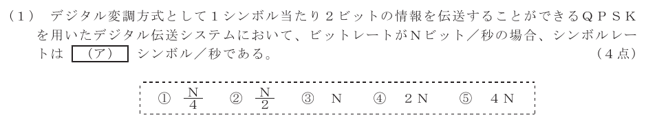 令和３年度 第２回 第一級デジタル通信 第5問(1)の試験問題原本画像