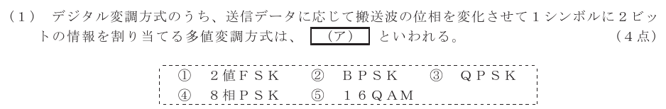 令和４年度 第２回 第一級デジタル通信 第5問(1)の試験問題原本画像