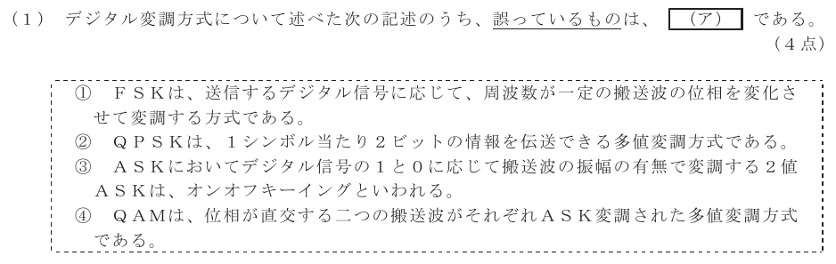 令和５年度 第１回 第一級デジタル通信 第5問(1)の試験問題原本画像