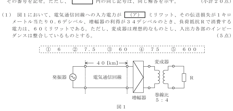 令和７年度 第２回 第一級デジタル通信 第４問(１)の試験問題原本画像