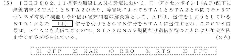 令和４年度 第１回 総合通信 技術及び理論 第2問(5)の試験問題原本画像