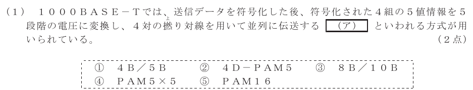 令和４年度 第２回 総合通信 技術及び理論 第4問(1)の試験問題原本画像