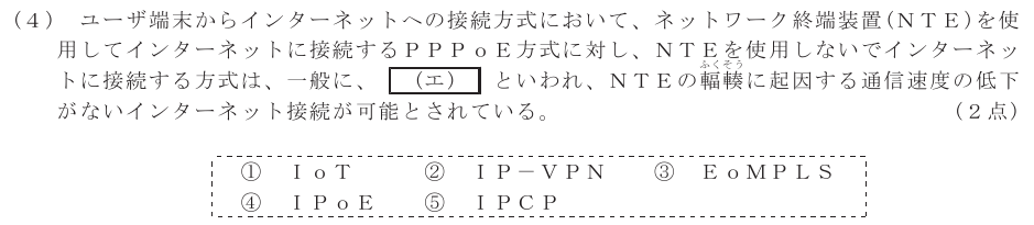 令和４年度 第２回 総合通信 技術及び理論 第4問(4)の試験問題原本画像