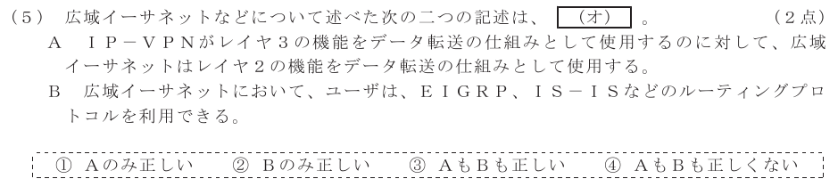 令和４年度 第２回 総合通信 技術及び理論 第4問(5)の試験問題原本画像