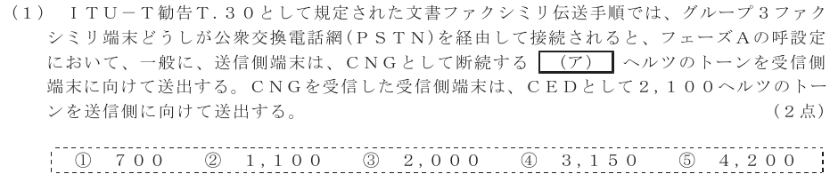 令和５年度 第２回 総合通信 技術及び理論 第1問(1)の試験問題原本画像