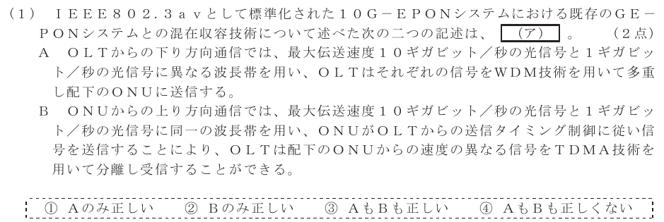 令和６年度 第１回 総合通信 技術及び理論 第2問(1)の試験問題原本画像