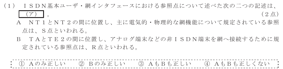 令和６年度 第１回 総合通信 技術及び理論 第3問(1)の試験問題原本画像