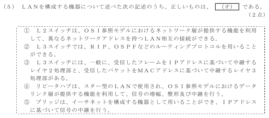 令和６年度 第２回 総合通信 技術及び理論 第5問(5)の試験問題原本画像
