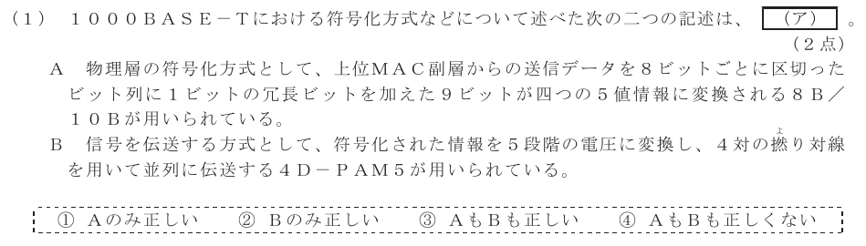 令和７年度 第２回 総合通信 技術及び理論 第4問(1)の試験問題原本画像